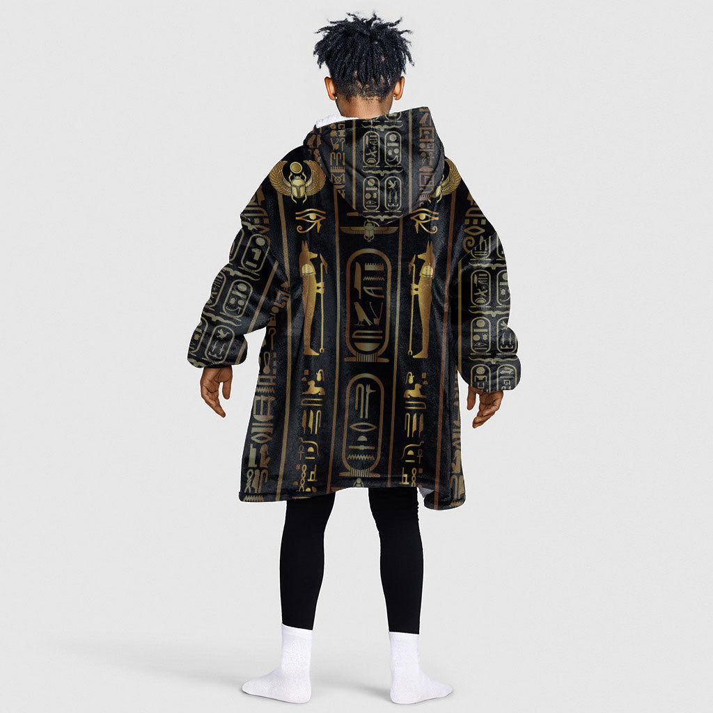 Egypt Cartouche Kid Wearable Blanket Hoodie Gold Pharaoh Hieroglyphics Patterns