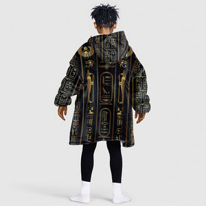 Egypt Cartouche Kid Wearable Blanket Hoodie Gold Pharaoh Hieroglyphics Patterns