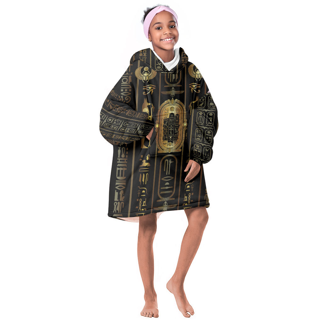 Egypt Cartouche Kid Wearable Blanket Hoodie Gold Pharaoh Hieroglyphics Patterns