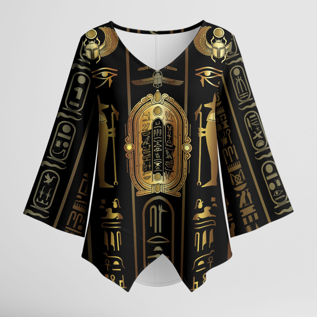 Egypt Cartouche Kimono Sleeve Blouse Gold Pharaoh Hieroglyphics Patterns