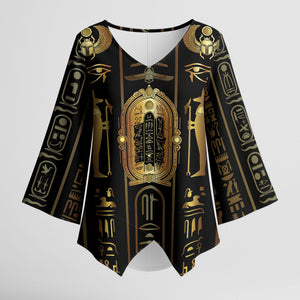 Egypt Cartouche Kimono Sleeve Blouse Gold Pharaoh Hieroglyphics Patterns
