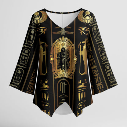 Egypt Cartouche Kimono Sleeve Blouse Gold Pharaoh Hieroglyphics Patterns