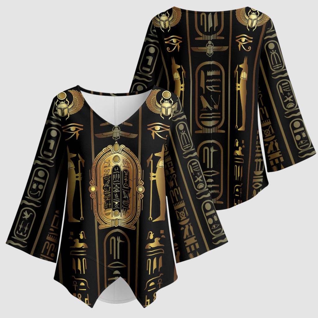 Egypt Cartouche Kimono Sleeve Blouse Gold Pharaoh Hieroglyphics Patterns