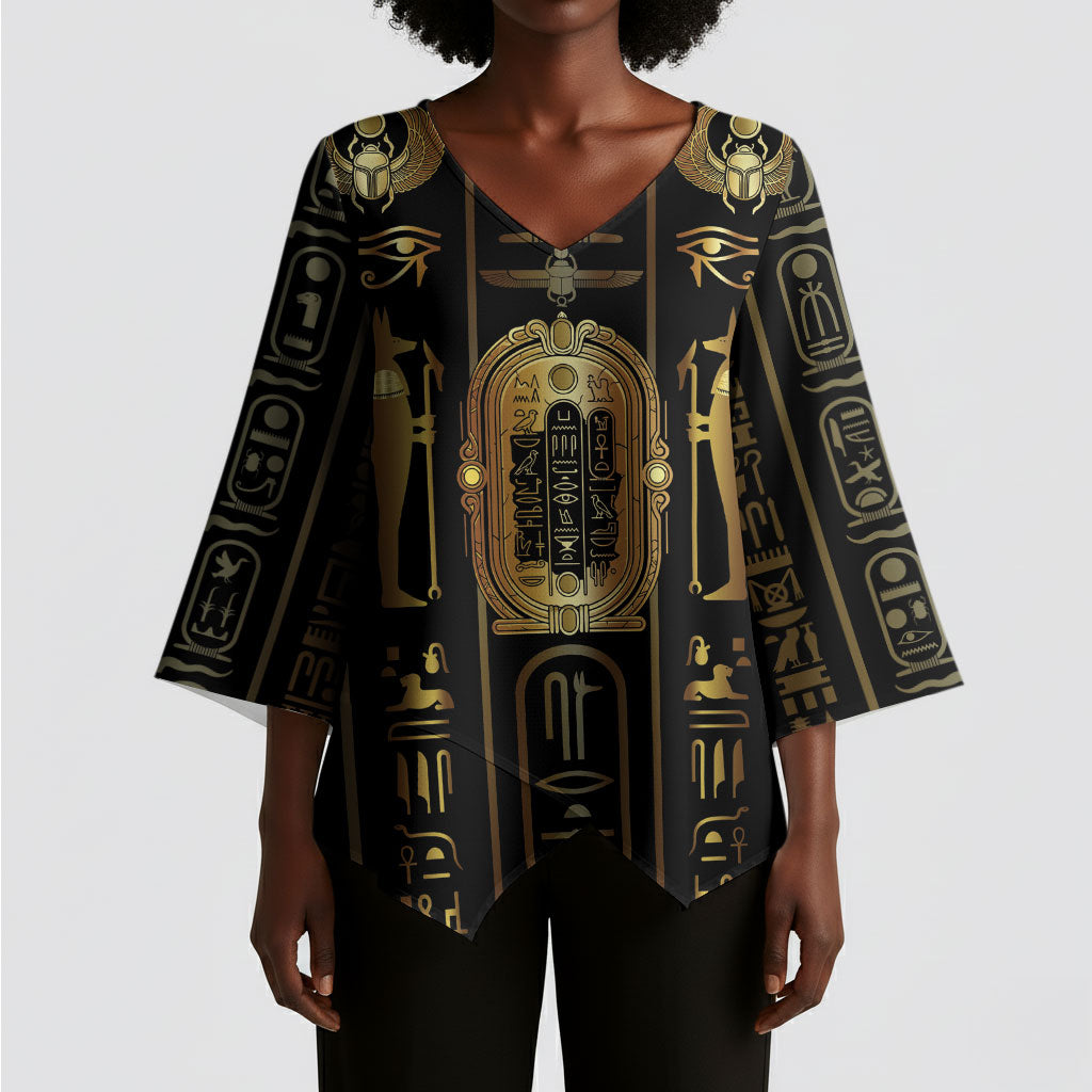 Egypt Cartouche Kimono Sleeve Blouse Gold Pharaoh Hieroglyphics Patterns
