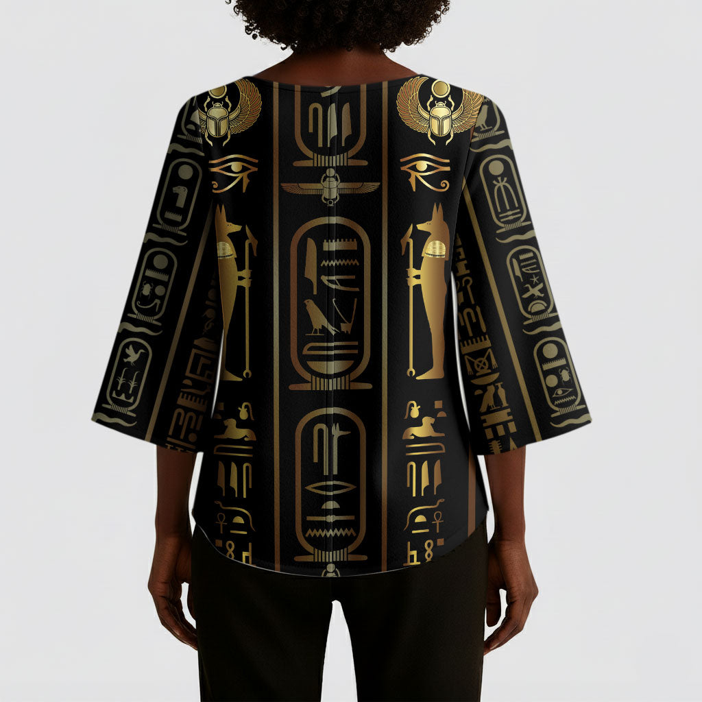 Egypt Cartouche Kimono Sleeve Blouse Gold Pharaoh Hieroglyphics Patterns