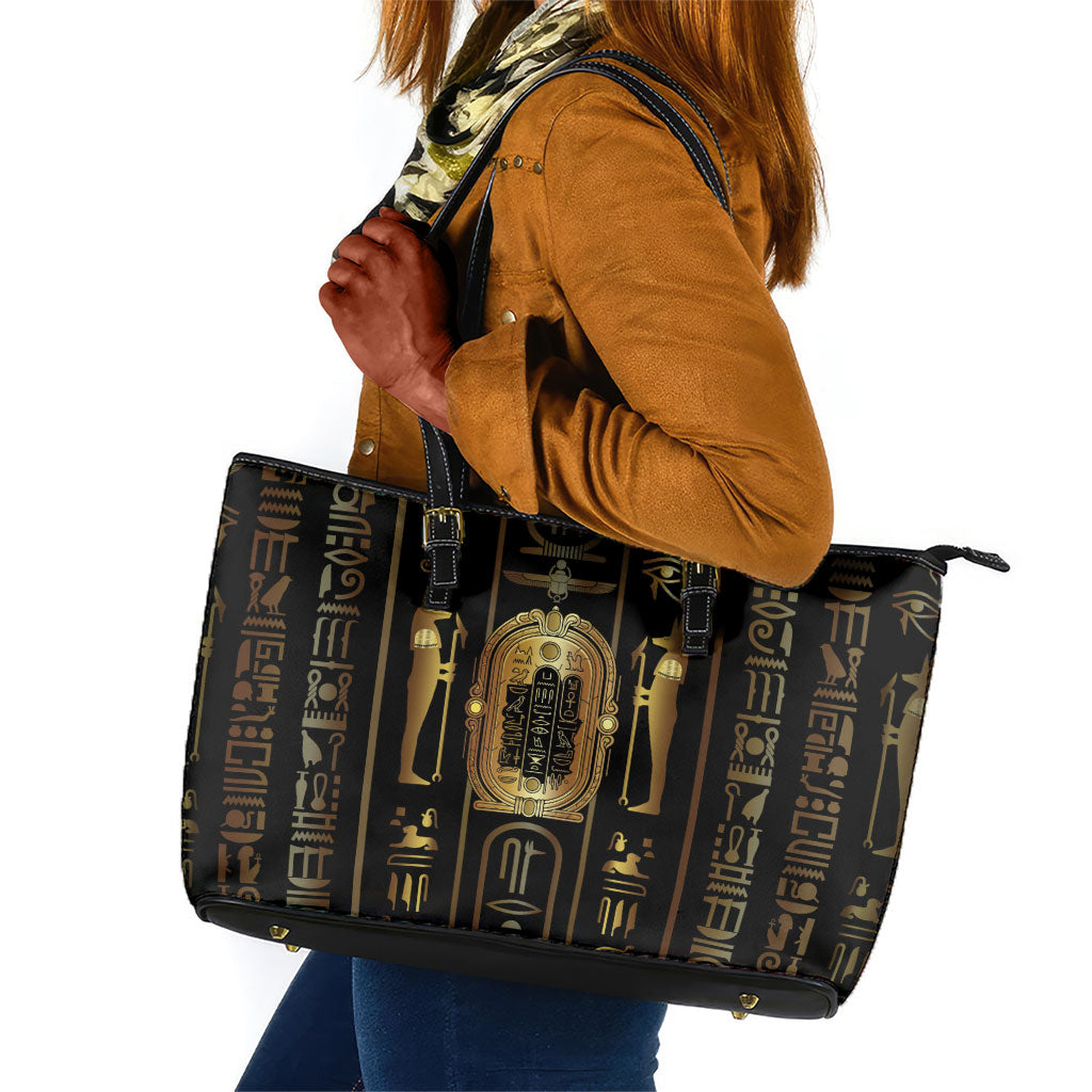 Egypt Cartouche Leather Tote Bag Gold Pharaoh Hieroglyphics Patterns