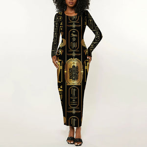 Egypt Cartouche Long Sleeve Bodycon Dress Gold Pharaoh Hieroglyphics Patterns