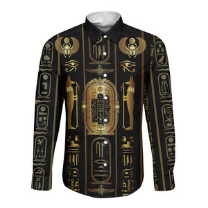 Egypt Cartouche Long Sleeve Button Shirt Gold Pharaoh Hieroglyphics Patterns