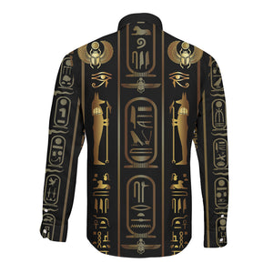 Egypt Cartouche Long Sleeve Button Shirt Gold Pharaoh Hieroglyphics Patterns