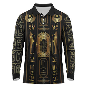 Egypt Cartouche Long Sleeve Polo Shirt Gold Pharaoh Hieroglyphics Patterns