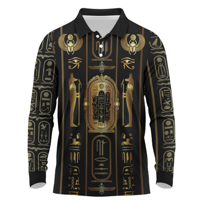 Egypt Cartouche Long Sleeve Polo Shirt Gold Pharaoh Hieroglyphics Patterns