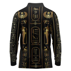 Egypt Cartouche Long Sleeve Polo Shirt Gold Pharaoh Hieroglyphics Patterns
