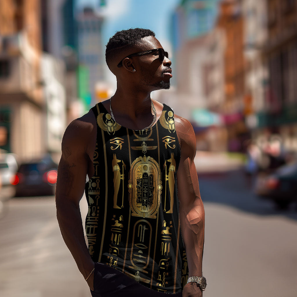 Egypt Cartouche Men Tank Top Gold Pharaoh Hieroglyphics Patterns