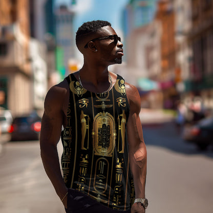 Egypt Cartouche Men Tank Top Gold Pharaoh Hieroglyphics Patterns