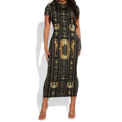 Egypt Cartouche Short Sleeve Bodycon Dress Gold Pharaoh Hieroglyphics Patterns