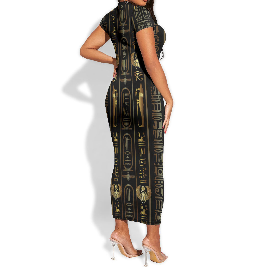 Egypt Cartouche Short Sleeve Bodycon Dress Gold Pharaoh Hieroglyphics Patterns