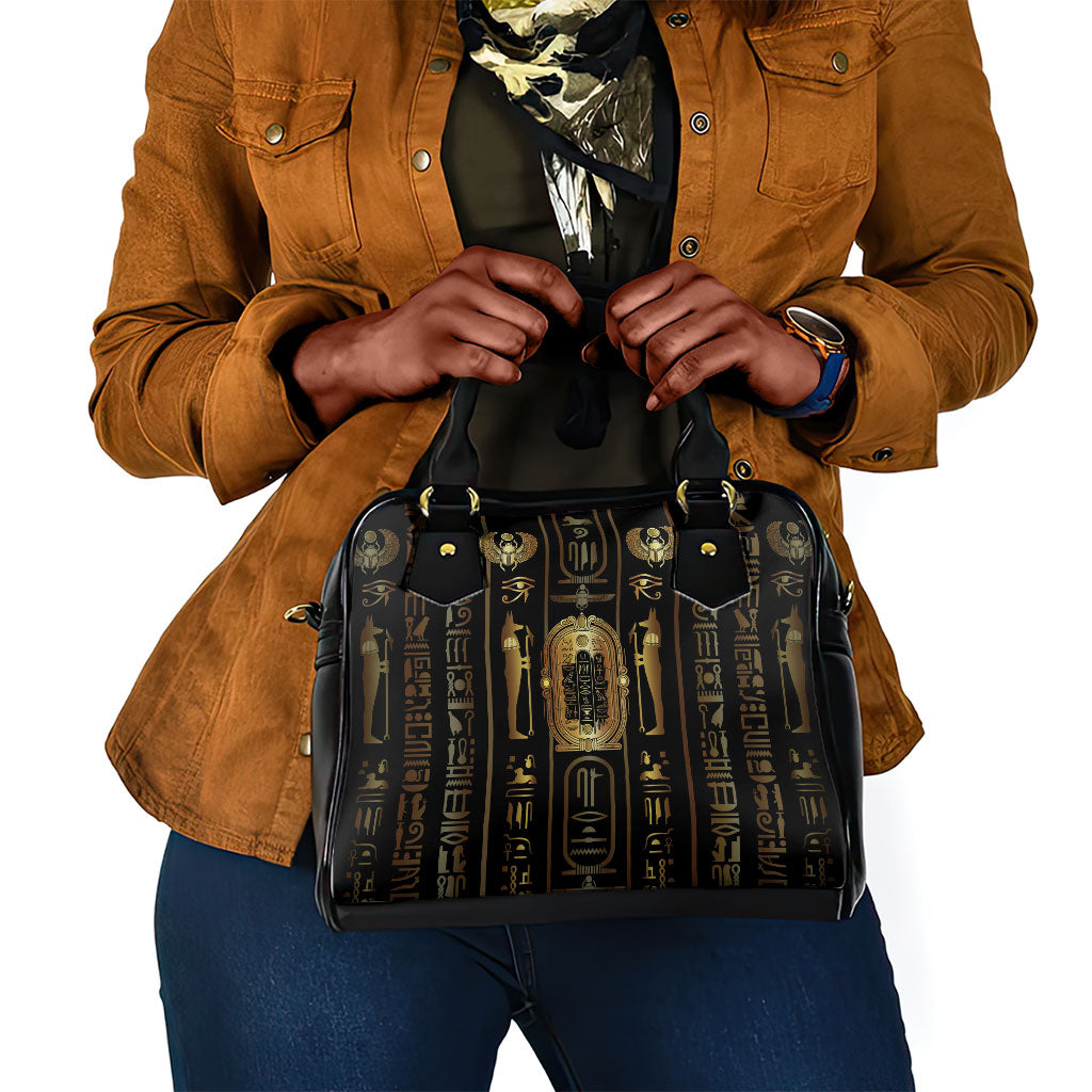 Egypt Cartouche Shoulder Handbag Gold Pharaoh Hieroglyphics Patterns