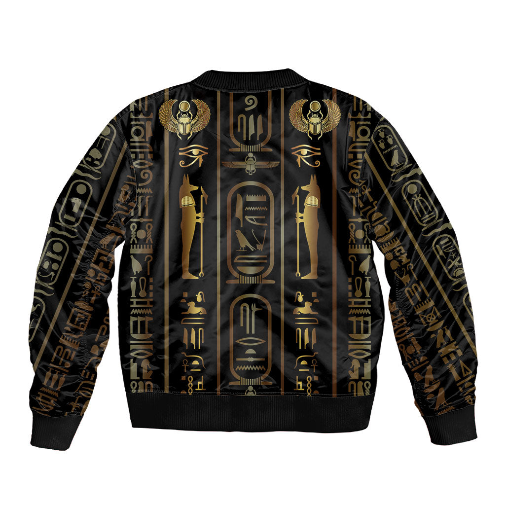 Egypt Cartouche Sleeve Zip Bomber Jacket Gold Pharaoh Hieroglyphics Patterns
