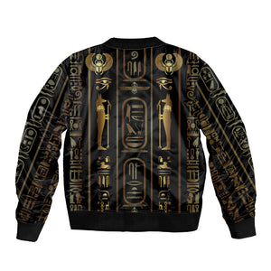 Egypt Cartouche Sleeve Zip Bomber Jacket Gold Pharaoh Hieroglyphics Patterns