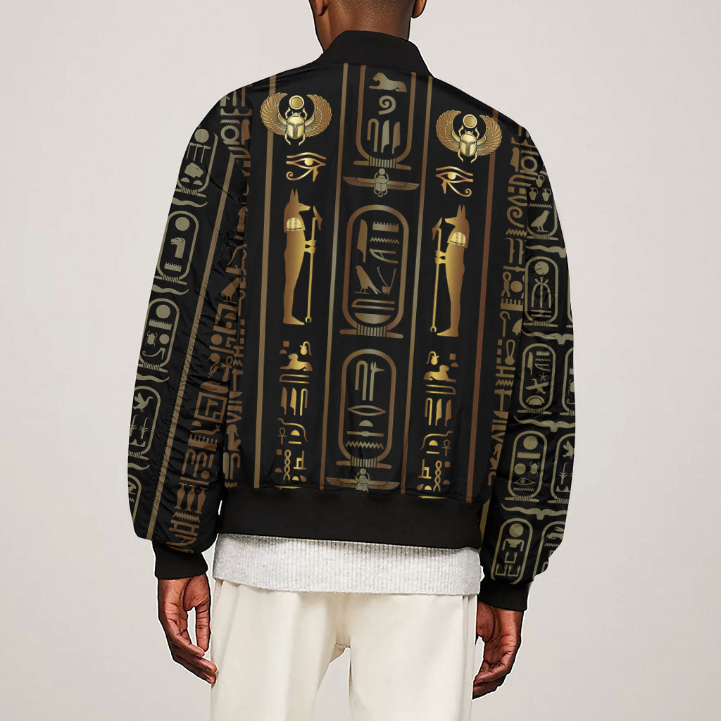 Egypt Cartouche Sleeve Zip Bomber Jacket Gold Pharaoh Hieroglyphics Patterns