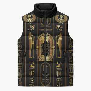 Egypt Cartouche Sleeveless Puffer Jacket Gold Pharaoh Hieroglyphics Patterns