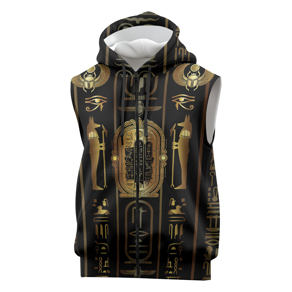 Egypt Cartouche Sleeveless Zip Hoodie Gold Pharaoh Hieroglyphics Patterns