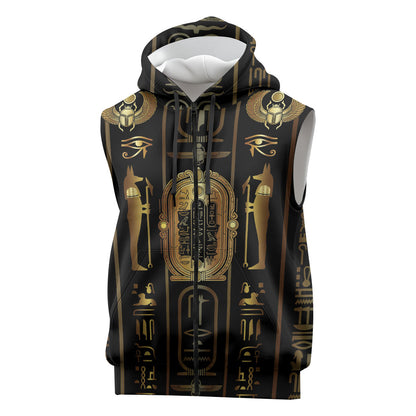 Egypt Cartouche Sleeveless Zip Hoodie Gold Pharaoh Hieroglyphics Patterns