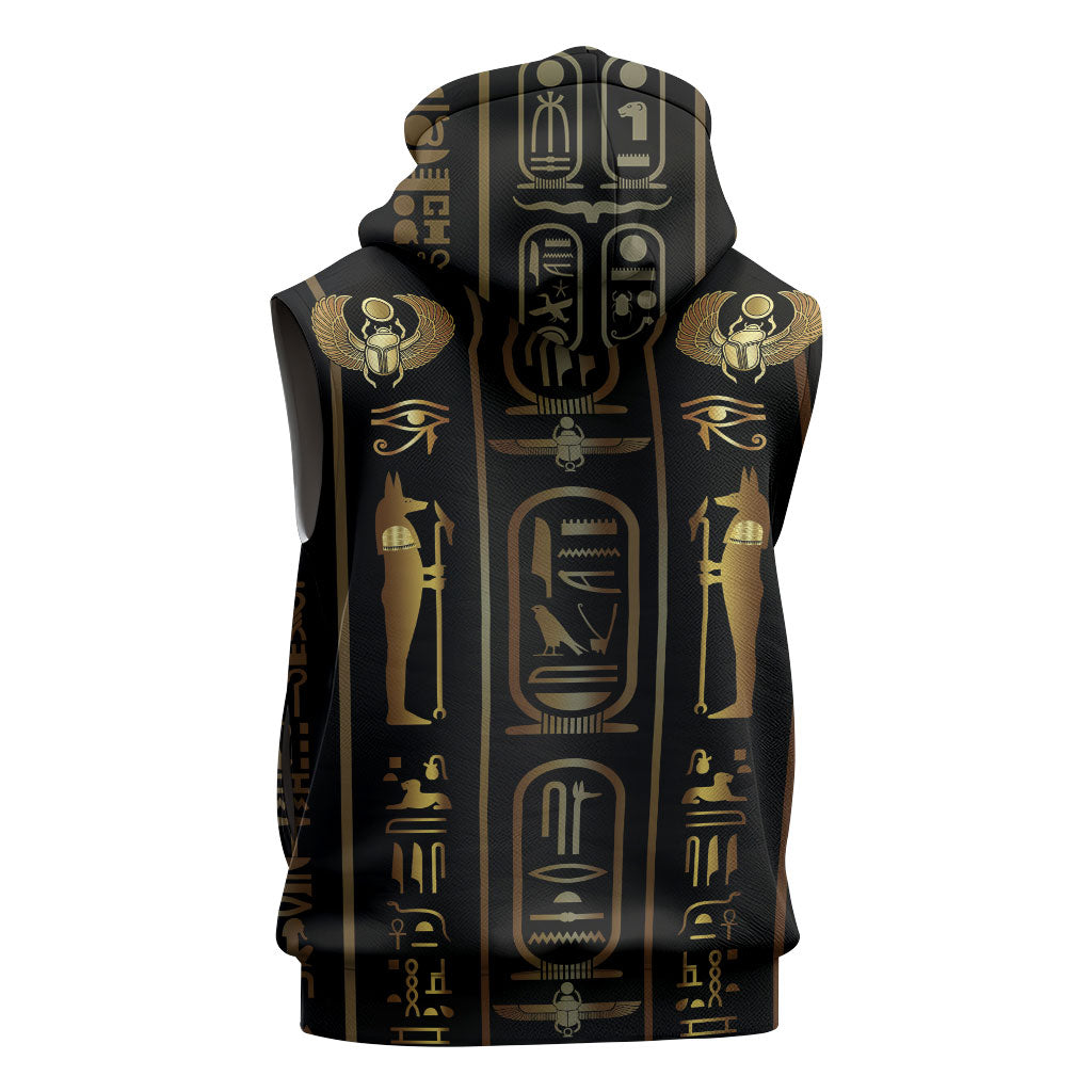 Egypt Cartouche Sleeveless Zip Hoodie Gold Pharaoh Hieroglyphics Patterns