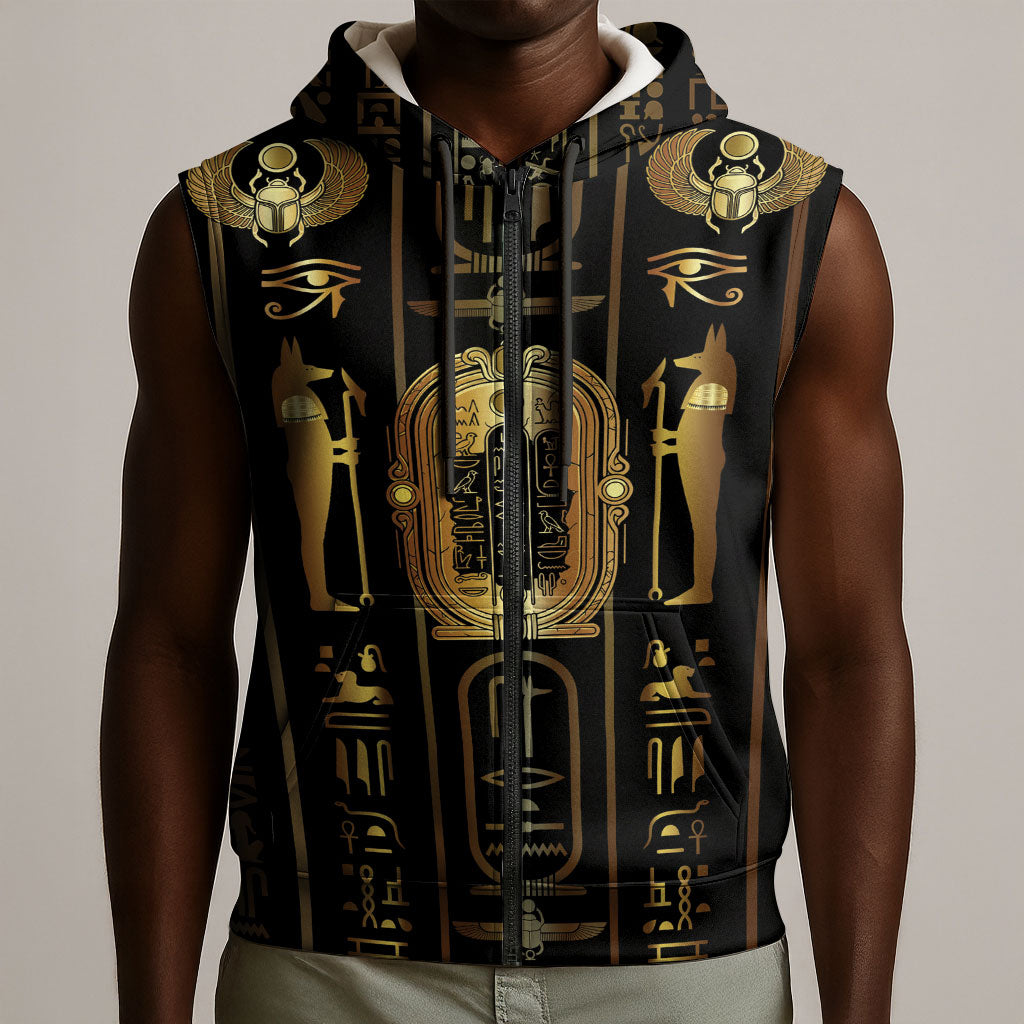 Egypt Cartouche Sleeveless Zip Hoodie Gold Pharaoh Hieroglyphics Patterns