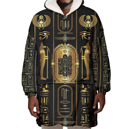 Egypt Cartouche Wearable Blanket Hoodie Gold Pharaoh Hieroglyphics Patterns