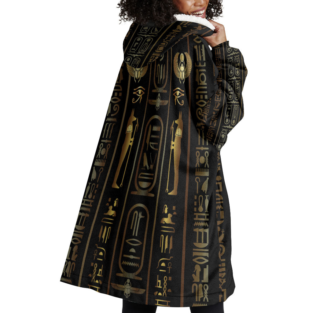 Egypt Cartouche Wearable Blanket Hoodie Gold Pharaoh Hieroglyphics Patterns