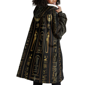 Egypt Cartouche Wearable Blanket Hoodie Gold Pharaoh Hieroglyphics Patterns
