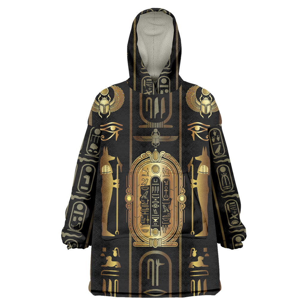 Egypt Cartouche Wearable Blanket Hoodie Gold Pharaoh Hieroglyphics Patterns