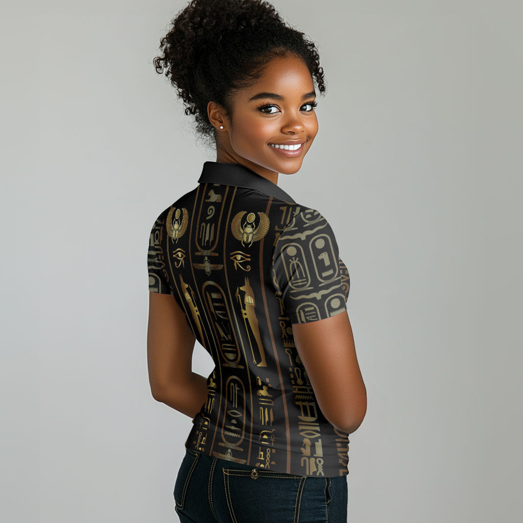 Egypt Cartouche Women Polo Shirt Gold Pharaoh Hieroglyphics Patterns