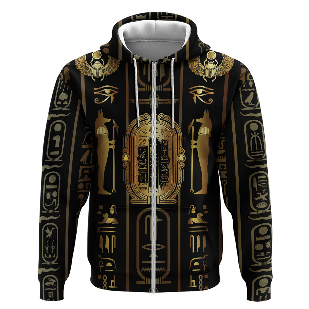 Egypt Cartouche Zip Hoodie Gold Pharaoh Hieroglyphics Patterns
