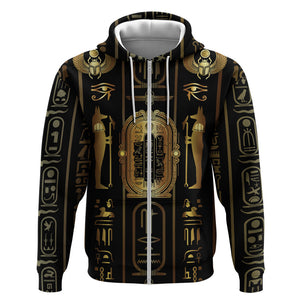 Egypt Cartouche Zip Hoodie Gold Pharaoh Hieroglyphics Patterns