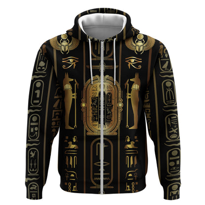 Egypt Cartouche Zip Hoodie Gold Pharaoh Hieroglyphics Patterns
