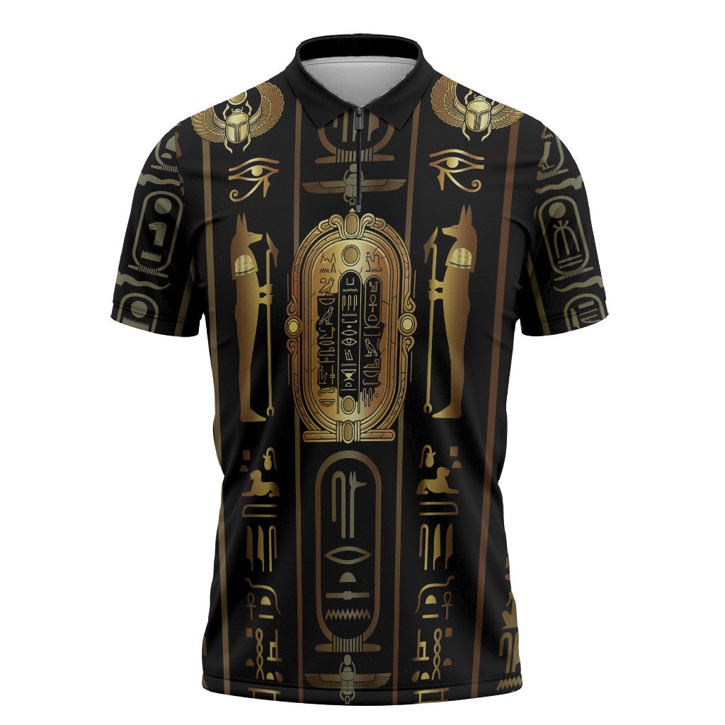 Egypt Cartouche Zipper Polo Shirt Gold Pharaoh Hieroglyphics Patterns