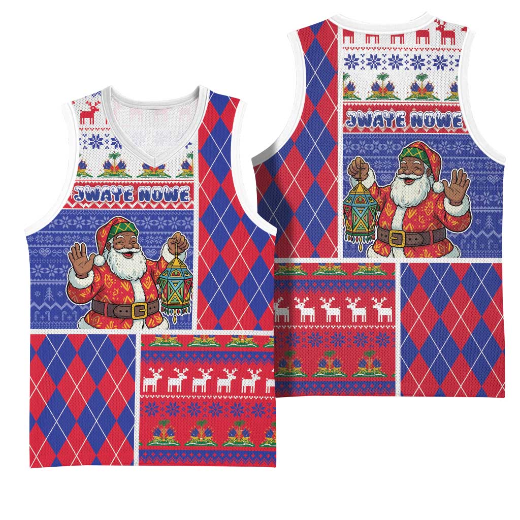 Haiti Christmas Basketball Jersey Santa With Fanal Haitian Patchwork Style - African Pride