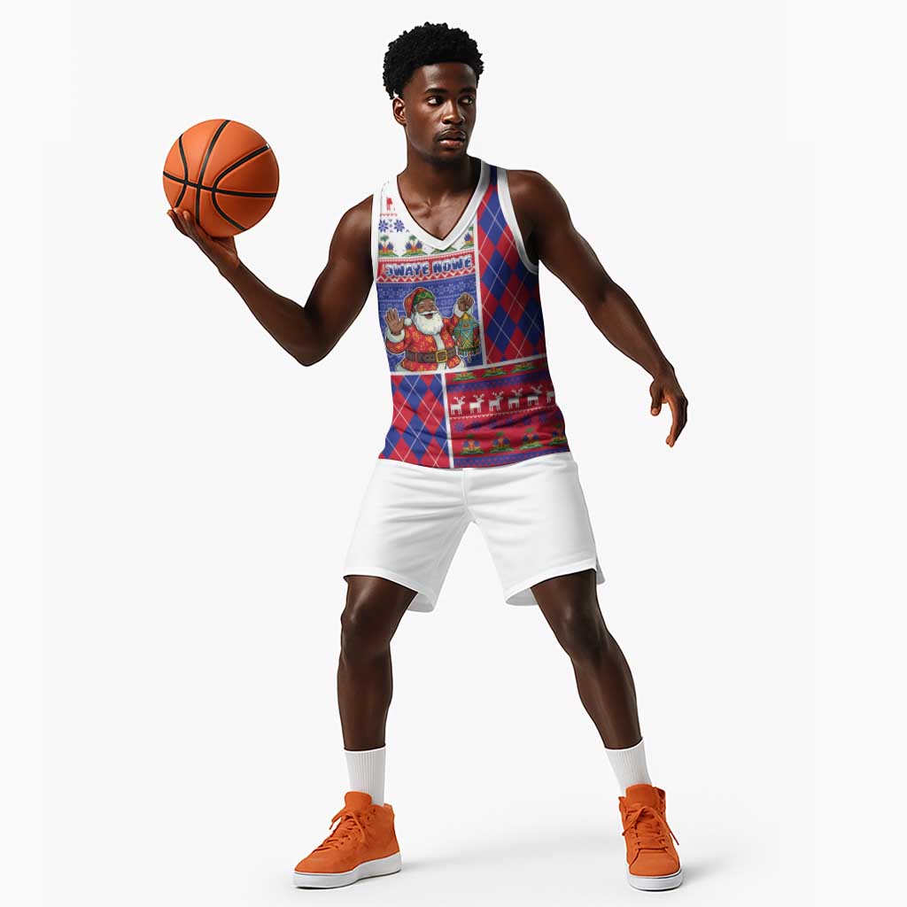 Haiti Christmas Basketball Jersey Santa With Fanal Haitian Patchwork Style - African Pride
