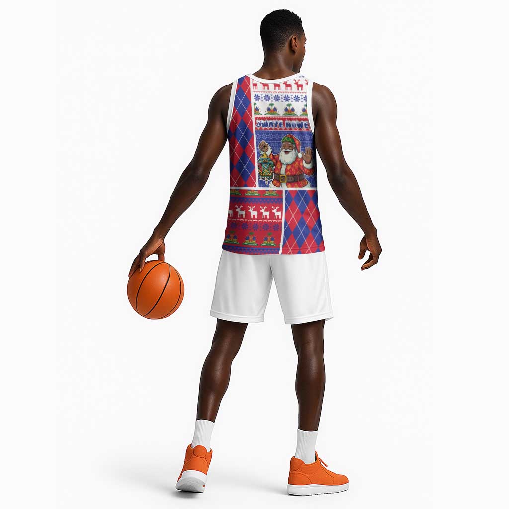 Haiti Christmas Basketball Jersey Santa With Fanal Haitian Patchwork Style - African Pride