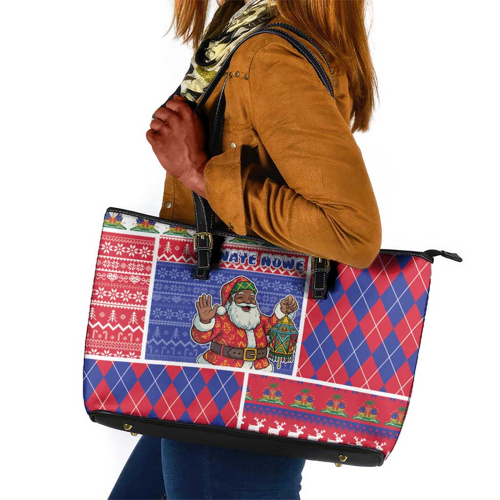 Haiti Christmas Leather Tote Bag Santa With Fanal Haitian Patchwork Style - African Pride