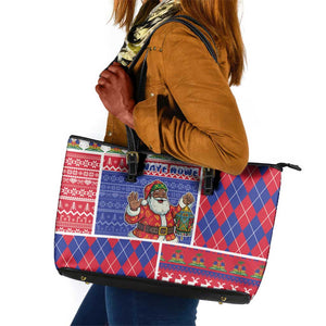 Haiti Christmas Leather Tote Bag Santa With Fanal Haitian Patchwork Style - African Pride