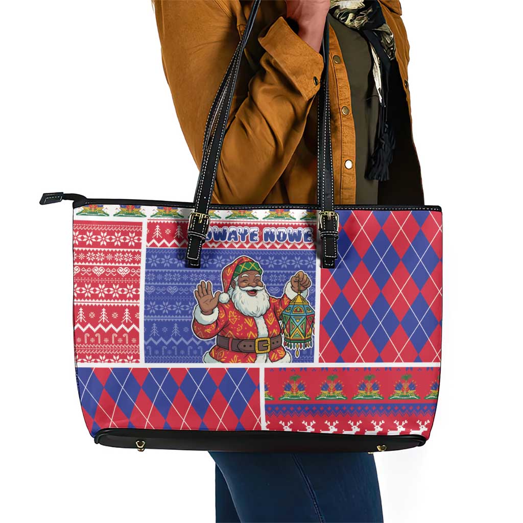 Haiti Christmas Leather Tote Bag Santa With Fanal Haitian Patchwork Style - African Pride