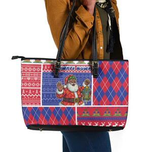 Haiti Christmas Leather Tote Bag Santa With Fanal Haitian Patchwork Style - African Pride