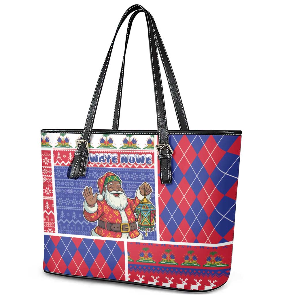 Haiti Christmas Leather Tote Bag Santa With Fanal Haitian Patchwork Style - African Pride