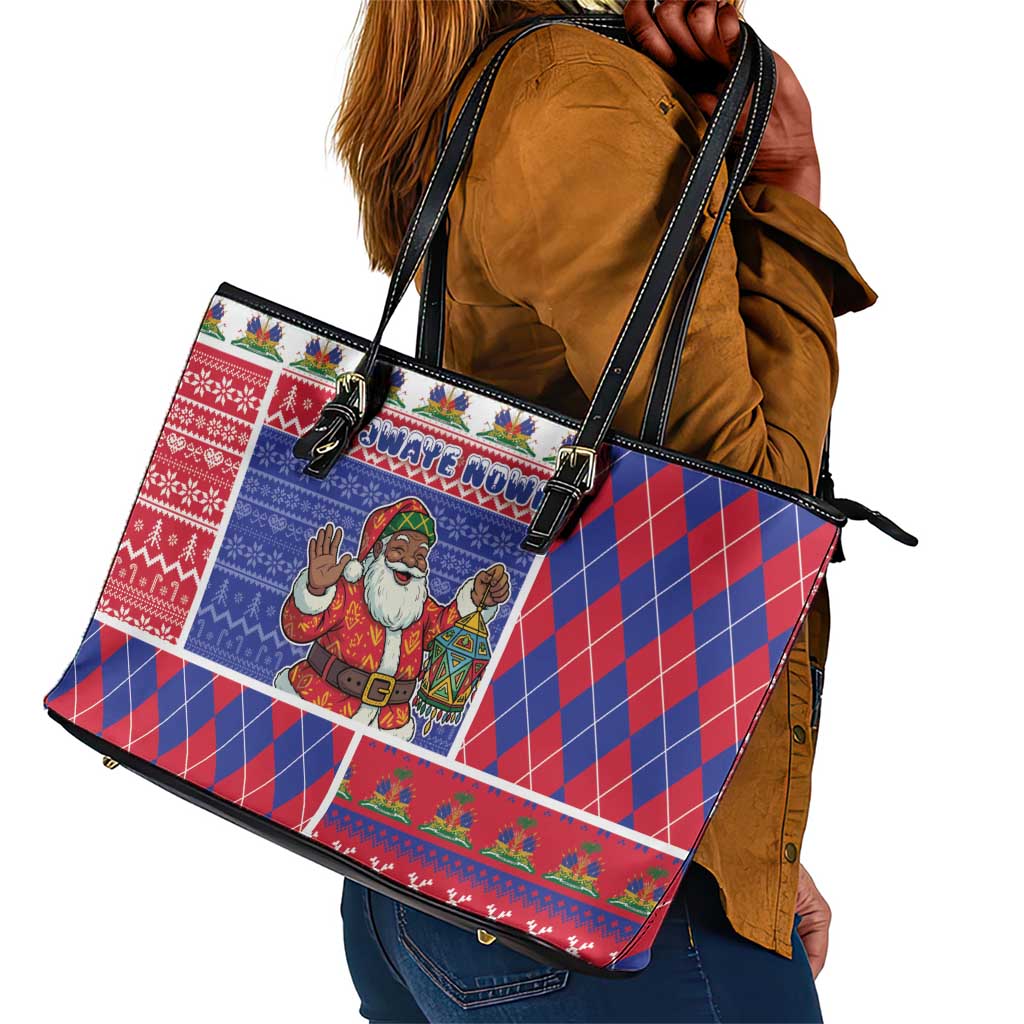 Haiti Christmas Leather Tote Bag Santa With Fanal Haitian Patchwork Style - African Pride