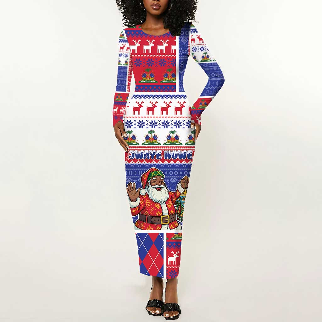 Haiti Christmas Long Sleeve Bodycon Dress Santa With Fanal Haitian Patchwork Style - African Pride