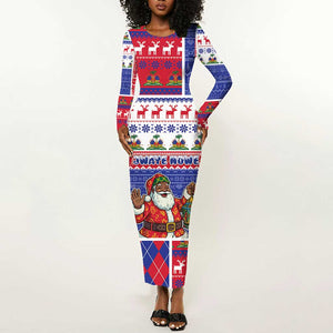 Haiti Christmas Long Sleeve Bodycon Dress Santa With Fanal Haitian Patchwork Style - African Pride