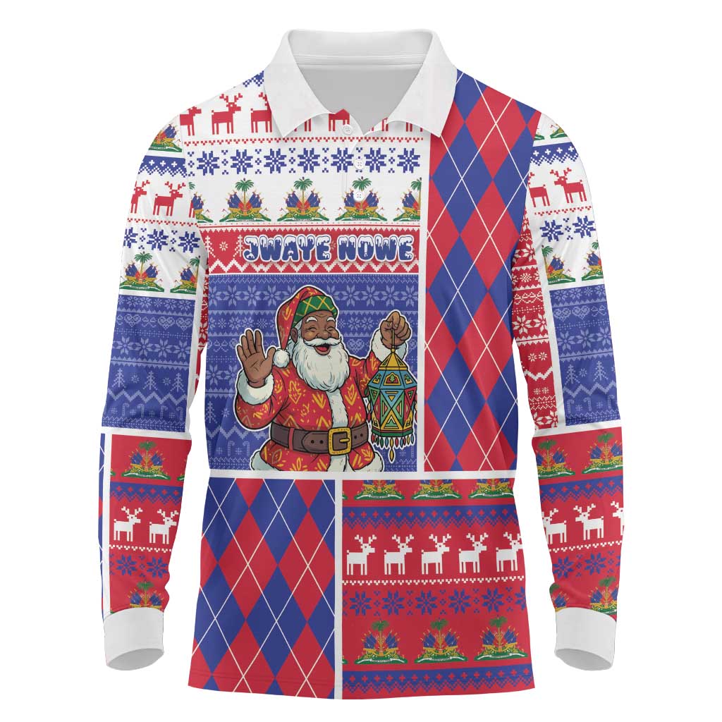 Haiti Christmas Long Sleeve Polo Shirt Santa With Fanal Haitian Patchwork Style - African Pride